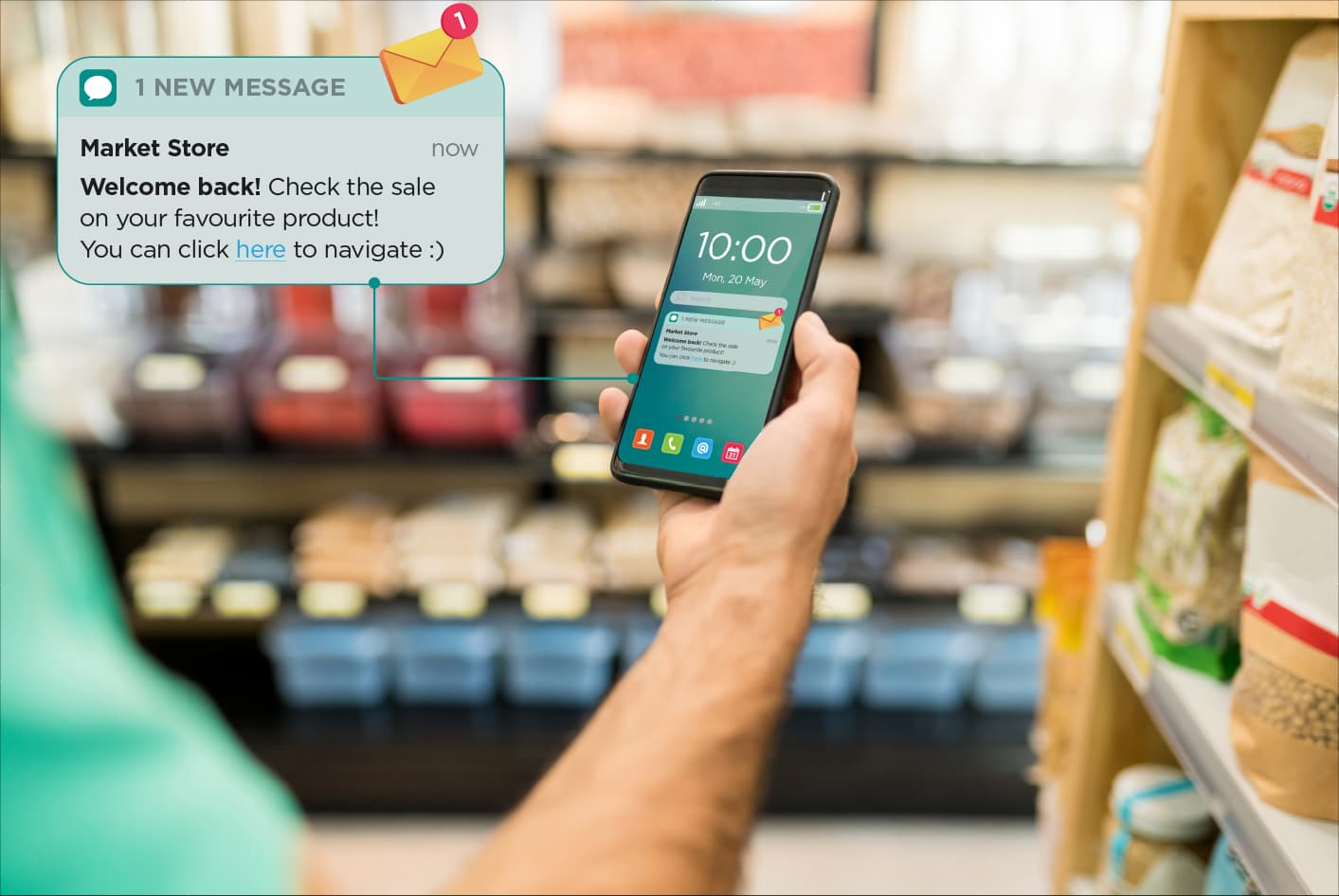 An opted-in shopper receives a real-time offer on their phone while in the store
