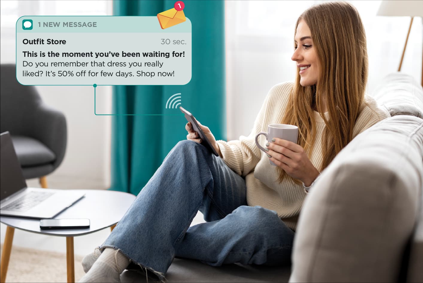 An opted-in customer receives a post-visit offer on their phone at home