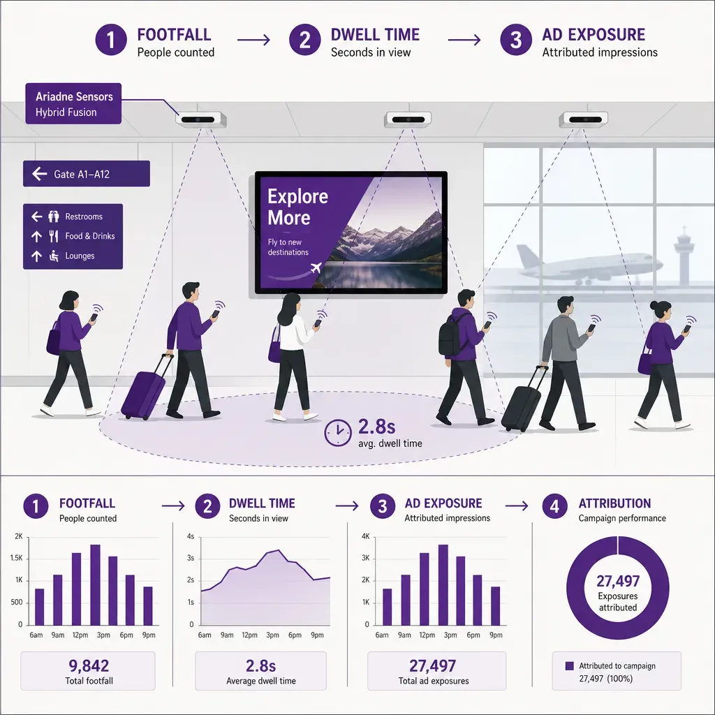 Flat vector infographic illustrating airport passenger flow and digital ad exposure linking footfall, dwell time, ad reach, a