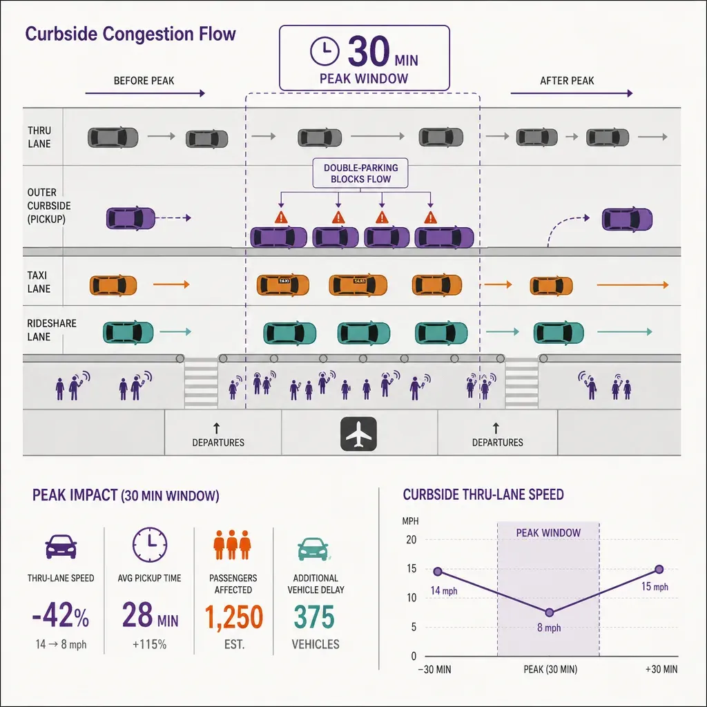 flache Infografik zeigt Flughafen-Kurzzeitparkbereich mit Fahrzeugen, Passagieren und Bussen, die 30 Minuten Stauzeit