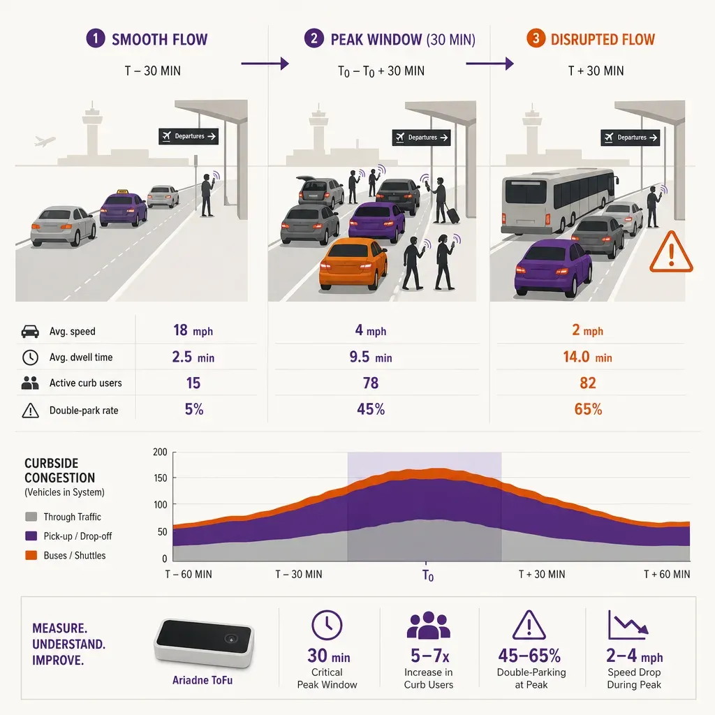 Infografik zeigt Entwicklung der Flughafen-Kurzzeitpark-Staus von freiem Verkehr bis zu 30 Minuten Spitzenstau mit