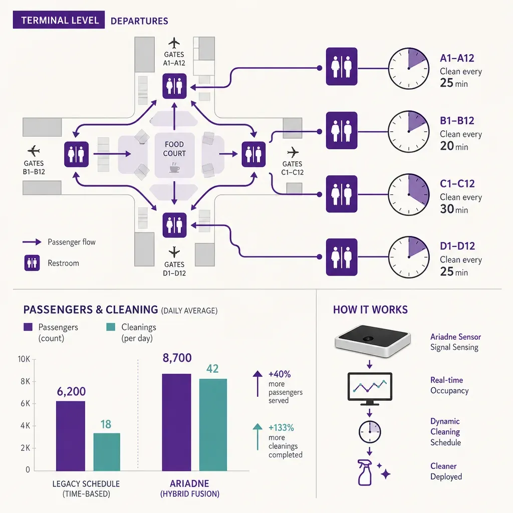 Infografik des Passagierflusses zu Toiletten im Flughafen verbunden mit Reinigungsplänen, Flusspfeilen und Uhrsymbolen