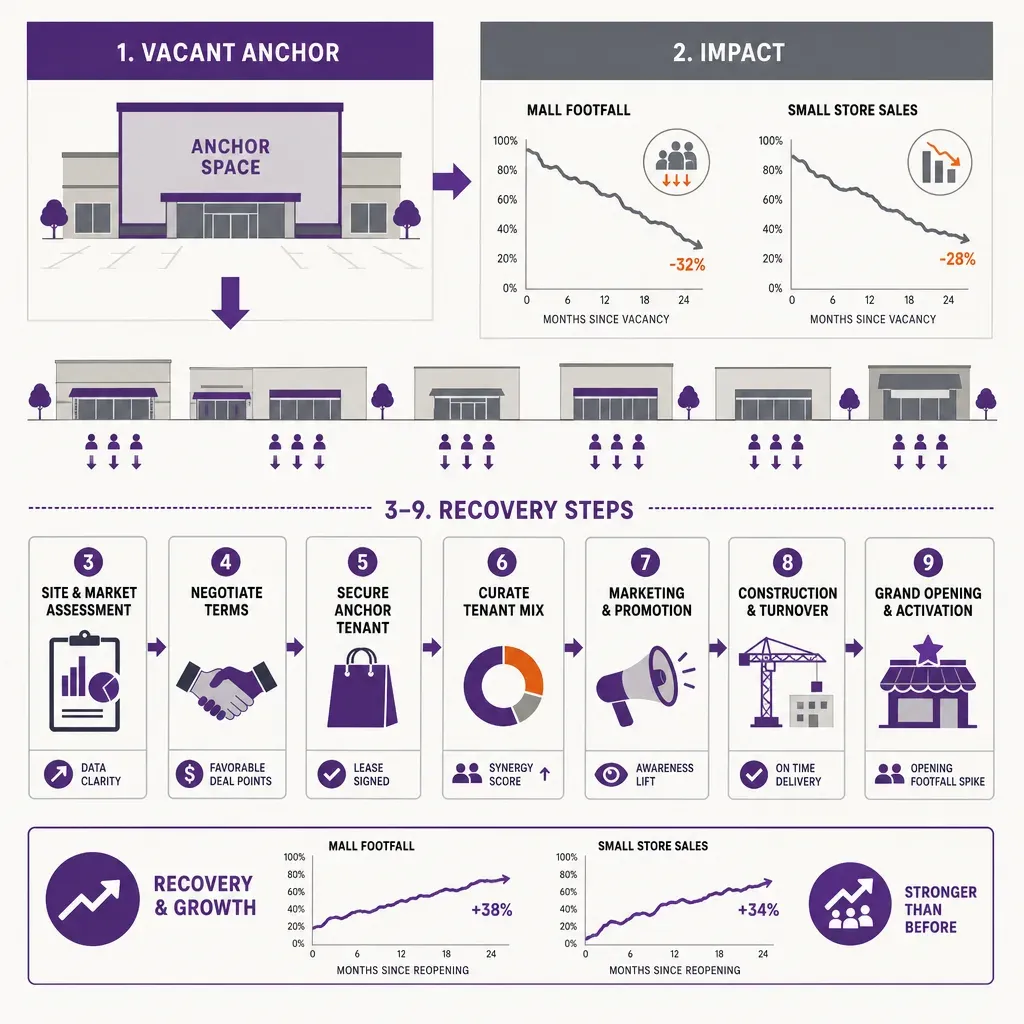 infographic illustrating the impact of losing an anchor tenant and a 7-step guide to backfilling the vacant space with simple