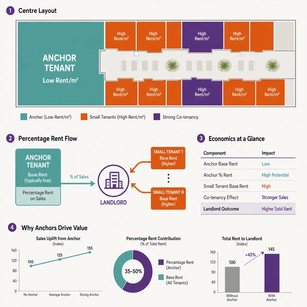 colorful infographic illustrating anchor tenant paying low rent per square meter compared to smaller tenants paying higher re