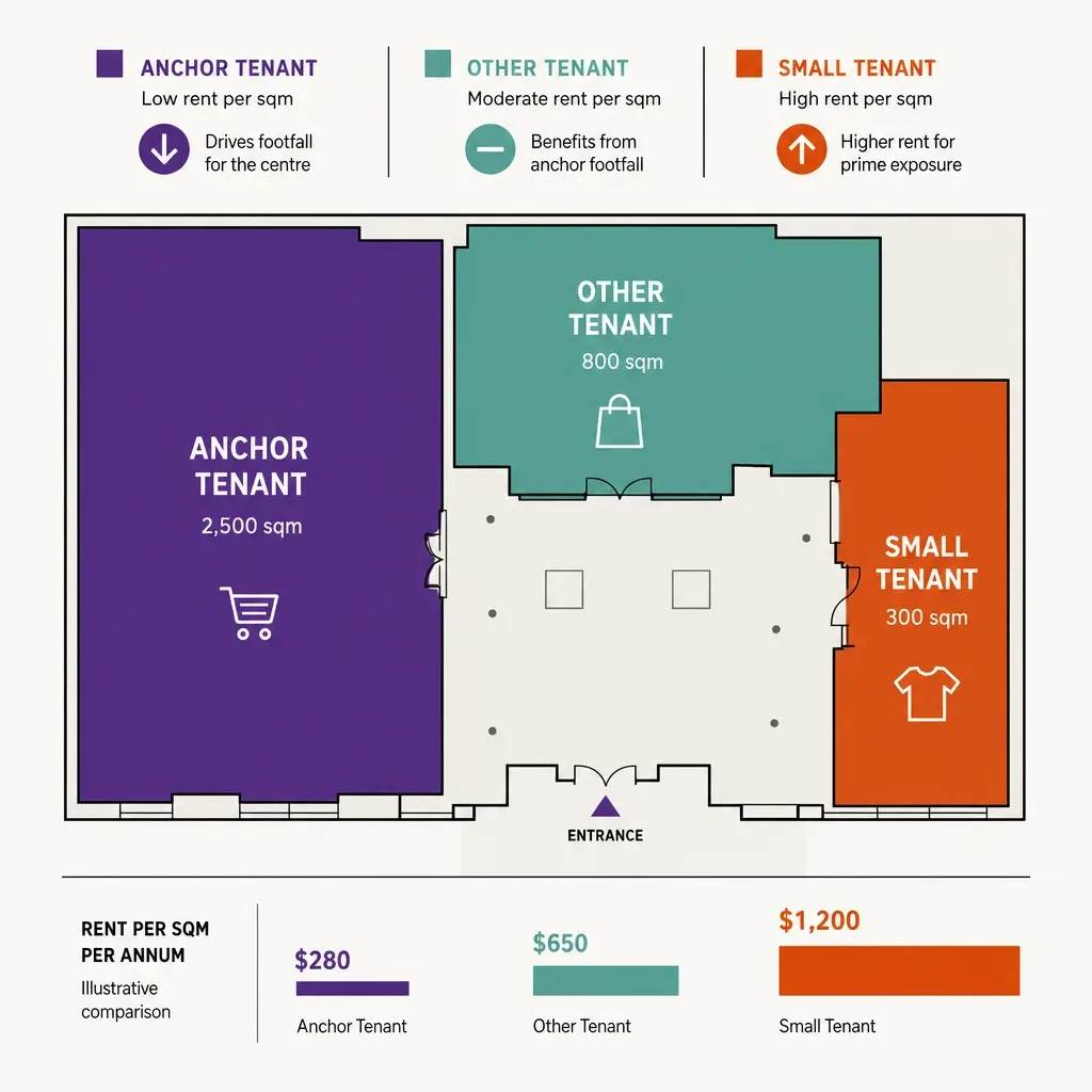 Infographic showing anchor tenant and smaller tenant units with differing rent levels and rent roll flow in a shopping centre