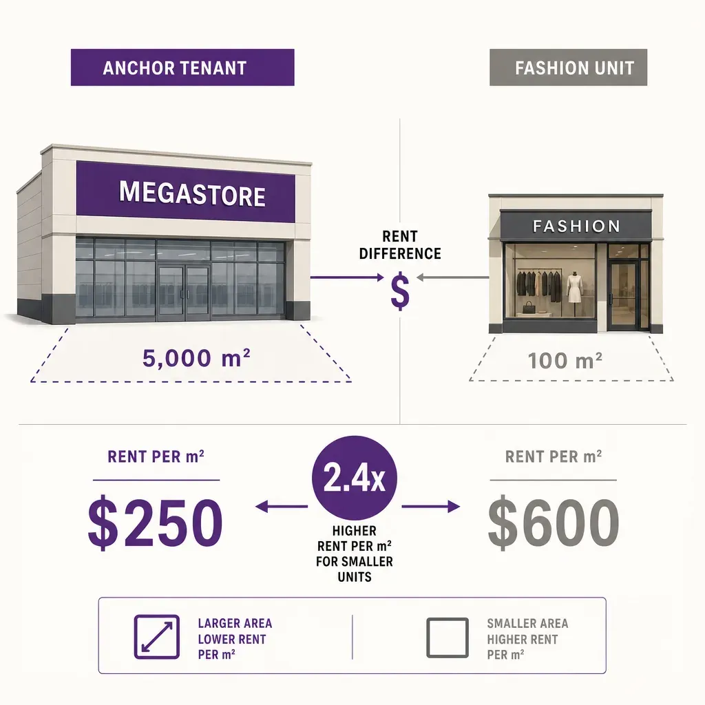 infographic comparing rent per square metre paid by large anchor tenant versus smaller tenants in a shopping centre