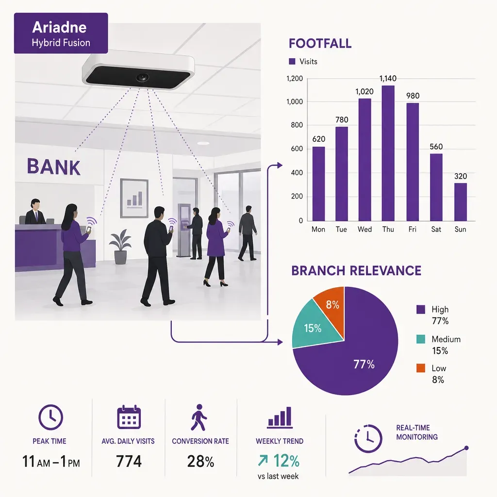 infographic of a people-counting sensor tracking bank branch visitors with charts showing footfall and branch relevance metri
