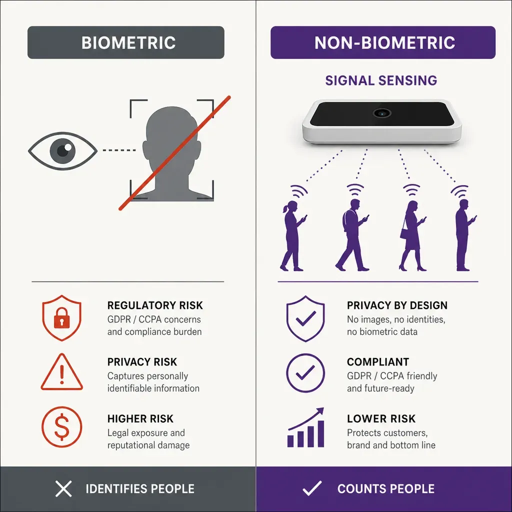 Flat vector infographic comparing biometric and non-biometric people counting for retail, showing regulatory risk vs operatio