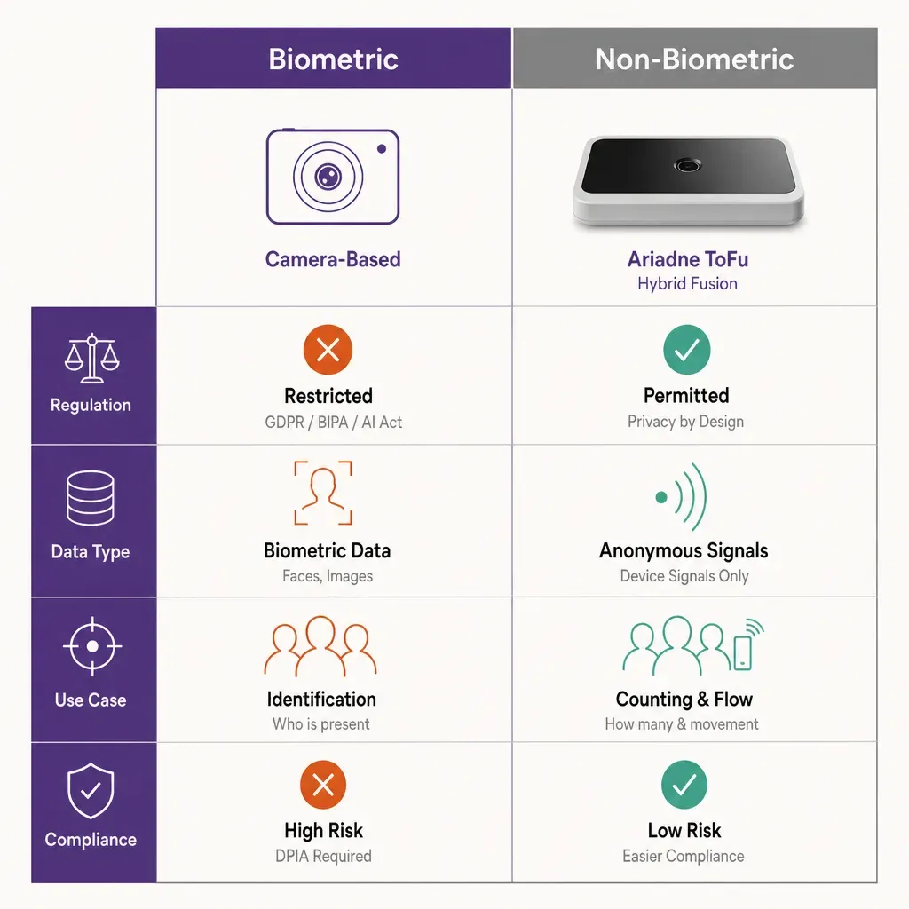 infographic comparing biometric and non-biometric people counting systems across regulation and data use in retail environmen