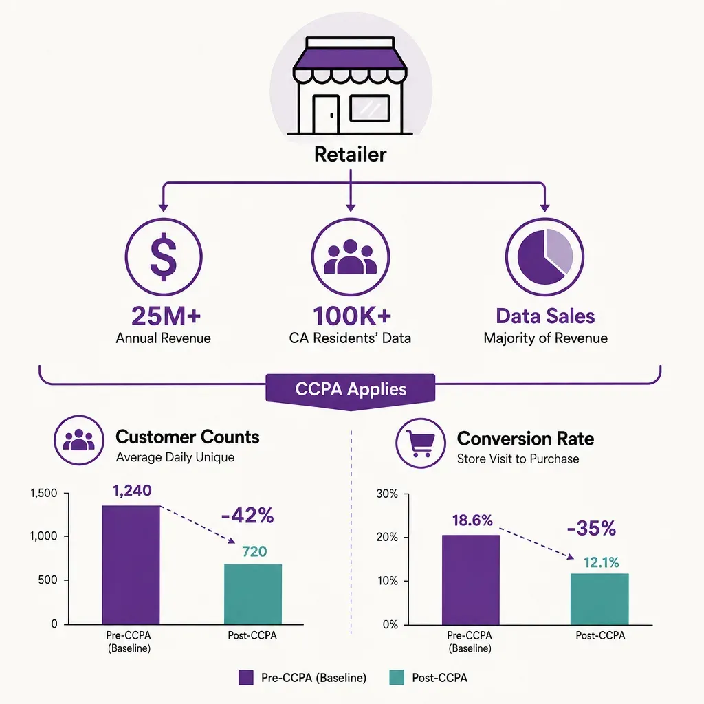 flat vector infographic showing retail CCPA thresholds and impact on customer count and privacy compliance metrics