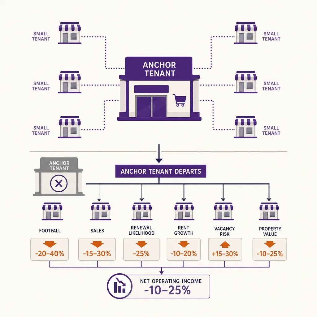 Infographic illustrating how anchor tenant departure triggers rent relief and lease options for small tenants through co-tena