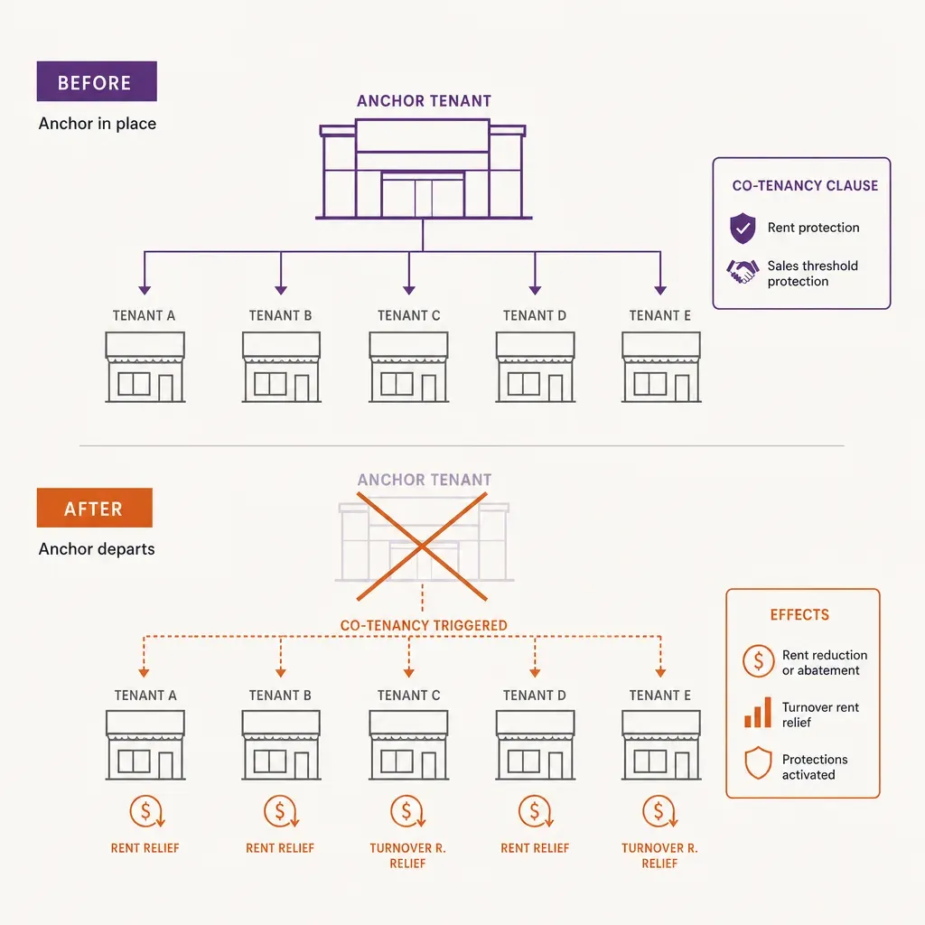 infographic illustrating how losing an anchor tenant triggers rent relief and lease changes for smaller tenants in a shopping