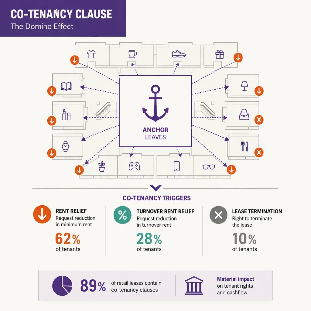 infographic showing an anchor tenant leaving a shopping centre and triggering rent relief or lease termination options for sm