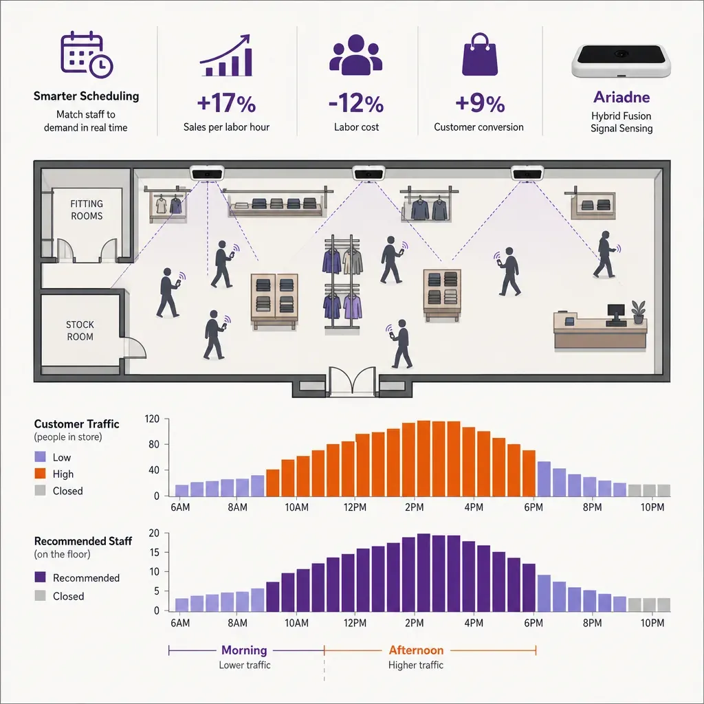 Flache Vektorinfografik zeigt Einzelhandelsarbeitsnachfrage nach Zeit mit Symbolen für Uhr, Personal, Kundenwarteschlange