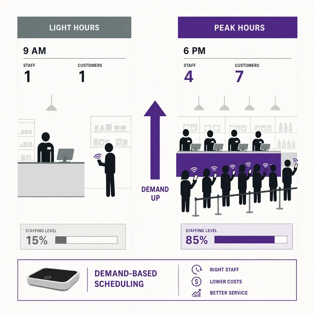 Flache Vektorinfografik vergleicht niedrige und hohe Kundenfrequenzzeiten mit entsprechender Anpassung der