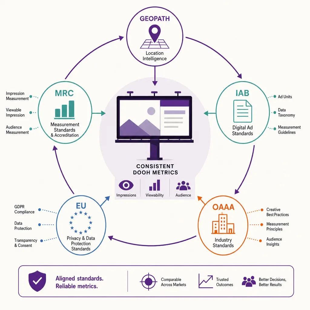 Vector infographic showing a digital billboard surrounded by icons for five DOOH measurement standards connected by arrows, i