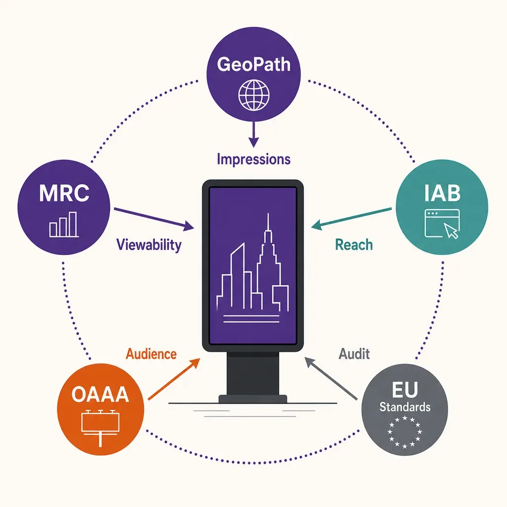 diagram showing digital signage connected to various DOOH measurement standards and key metrics like impressions and reach