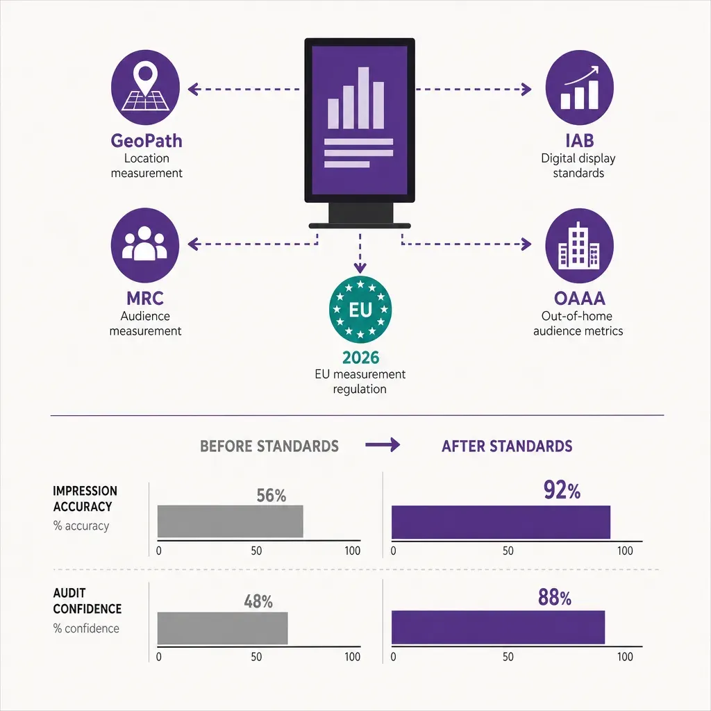 Infographic of digital signage linked to DOOH measurement standards icons and a bar chart showing improved impression and aud