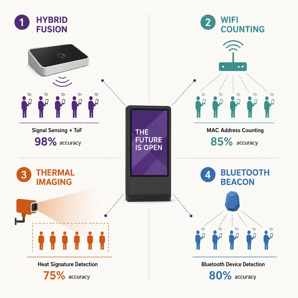 infographic showing four GDPR-compliant audience measurement methods for digital out-of-home screens with simple icons and a