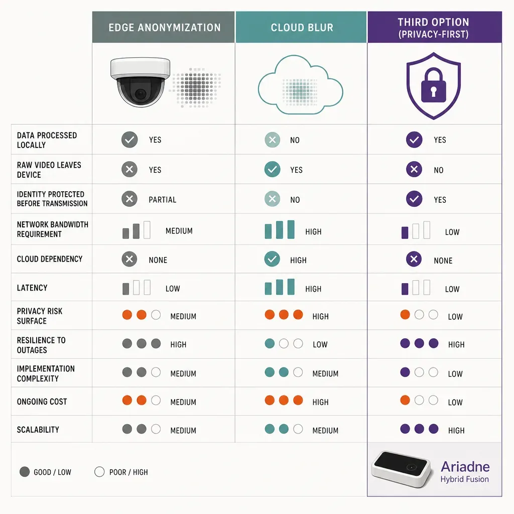 Infografik vergleicht Edge-Anonymisierung, Cloud-Unschärfe und dritte Datenschutzoption mit Symbolen und Merkmalen