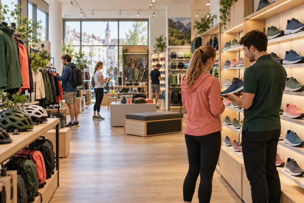 Staff member helping a customer choose running shoes in a sporting goods store