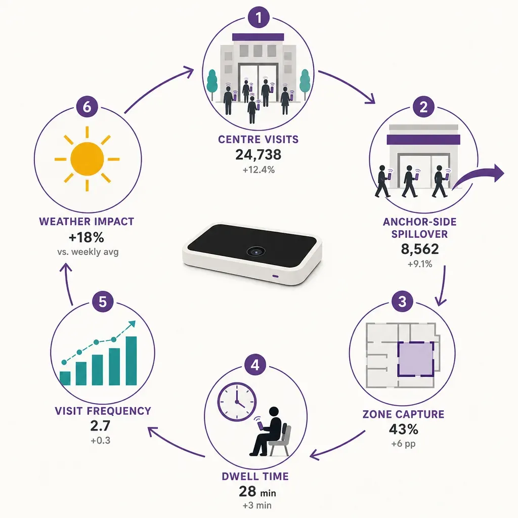 Flache Vektor-Infografik mit sechs Symbolen zu Besucherzahlen für Mietvertragsverlängerung: Besuche, Spillover, Zonen, Daten
