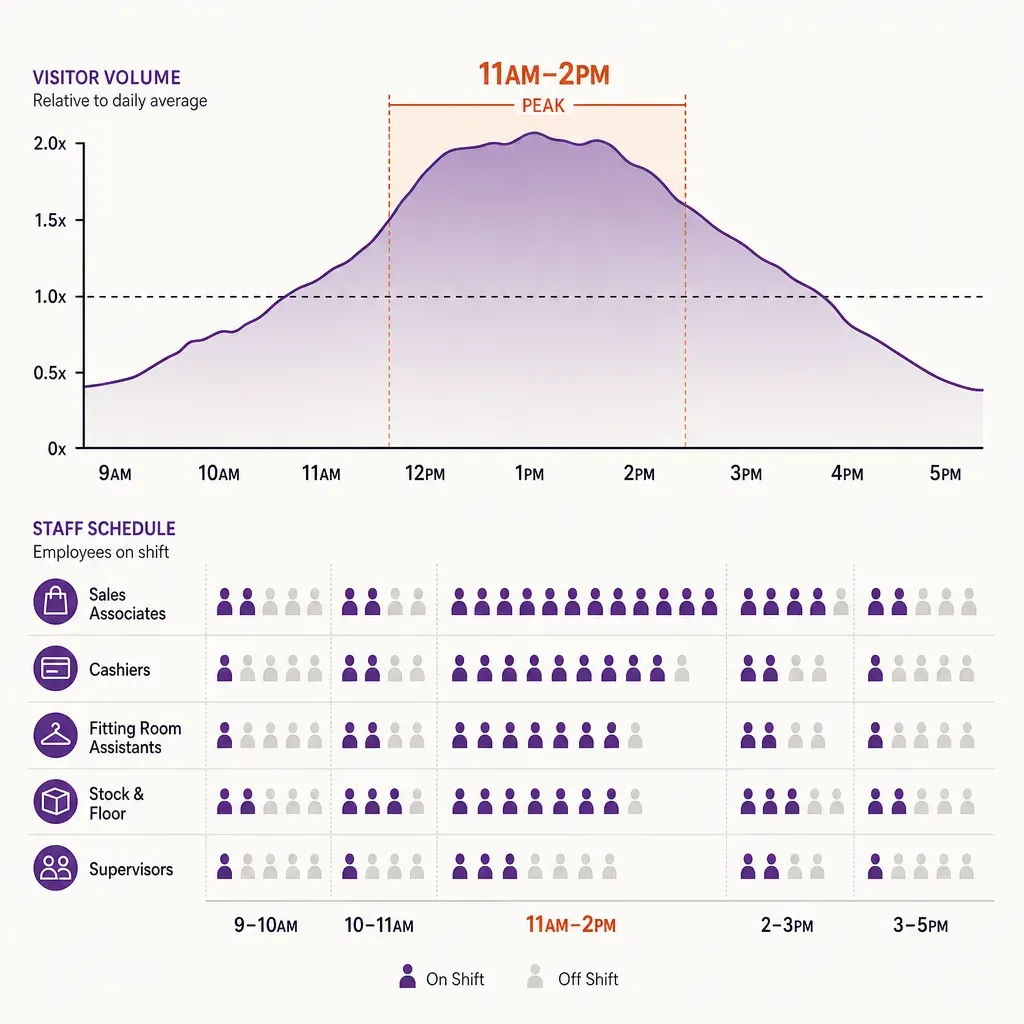 Infografik-Zeitachse zeigt Besucherpeak zur Mittagszeit mit passenden Personaleinsatzplanungssymbolen