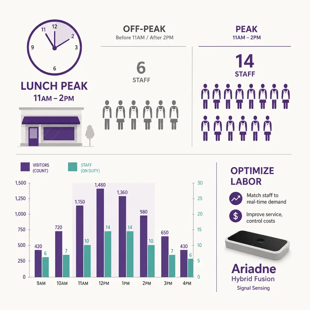 Infografik mit Uhr, Geschäft, Mitarbeiter-Symbolen und Balkendiagramm zeigt mehr Personal während Mittagspeak von 11 bis 14