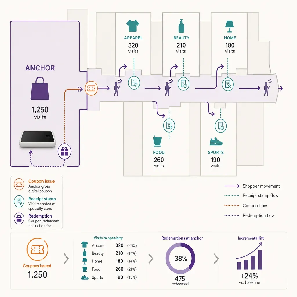 Infografikdiagramm zeigt Kundenbewegung und Gutscheinfluss vom Ankermieter zu Fachgeschäften im Einkaufszentrum