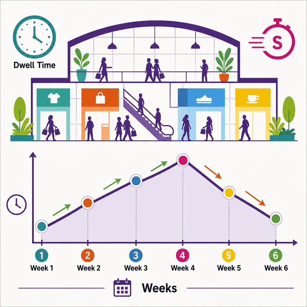 flat vector infographic illustrating six-week mall visitor dwell time trend with timeline, visitor and store icons, and arrow
