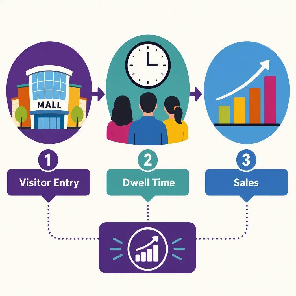 infographic flowchart showing mall visitor entry, average dwell time, and subsequent sales impact as a the subject
