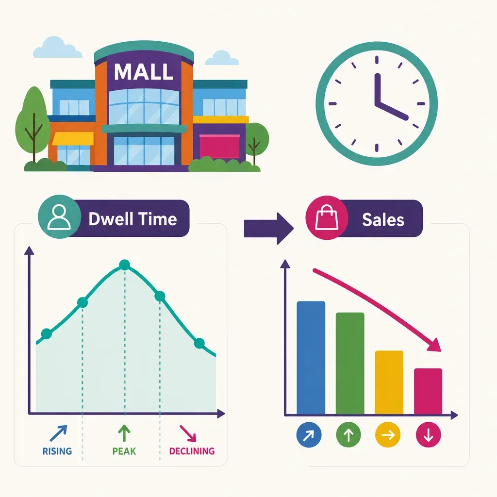infographic with line chart of mall visitor dwell time over the subject linked by arrow to bar chart showing tenant sales...