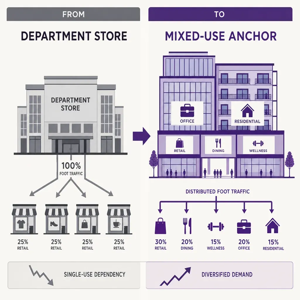 Vector infographic contrasting traditional department store anchor tenant driving foot traffic versus modern mixed-use office