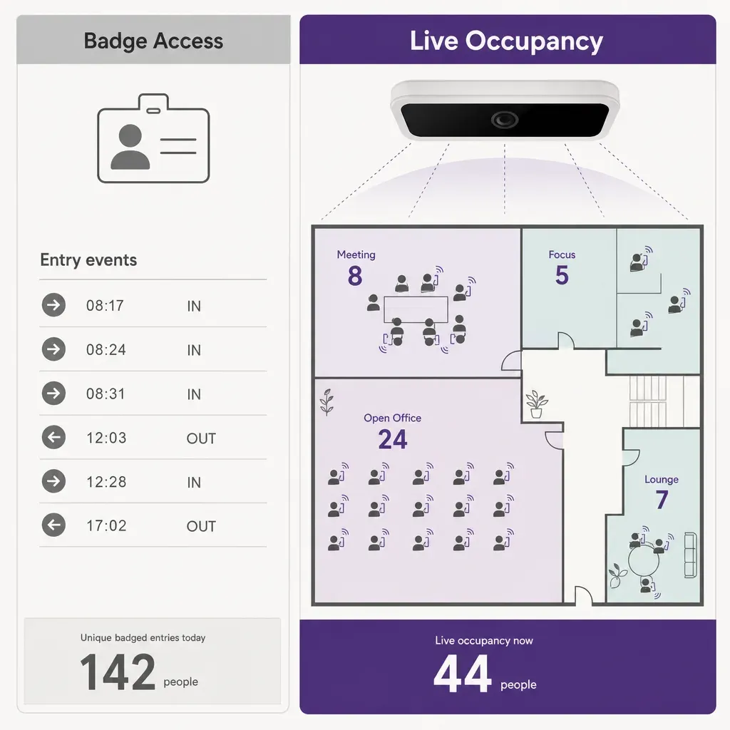 infographic comparing badge access data with live occupancy analytics using people-counting sensors and resulting space utili