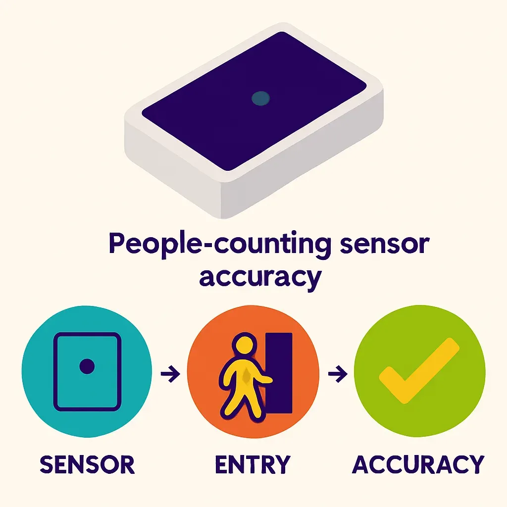 vector infographic depicting the step-by-step process to verify people-counting sensor accuracy with icons for sensor, entry,