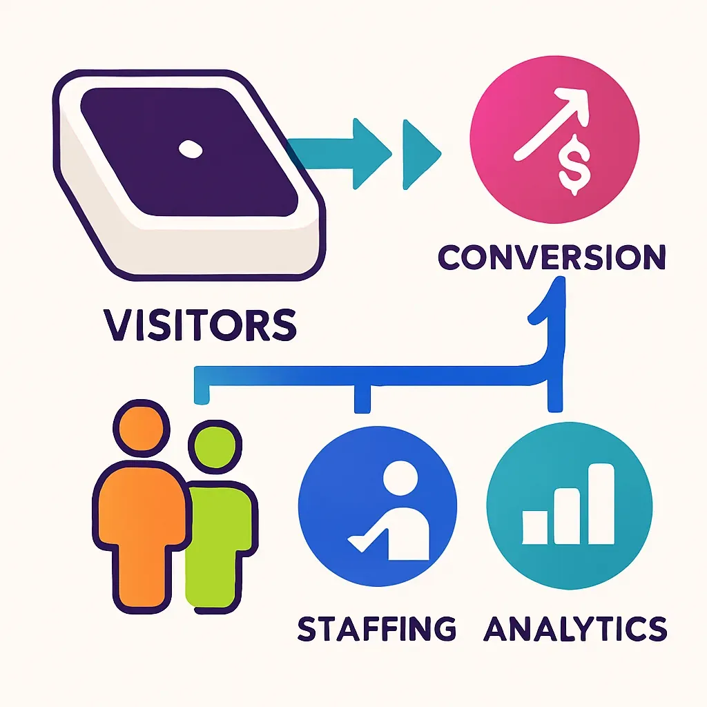 infographic showing flow from people counting sensor to measured visitors to business actions like conversion, staffing, and