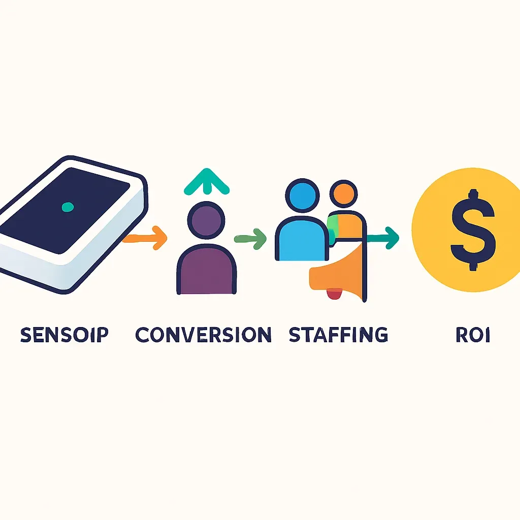 infographic showing people counting sensor feeding data to conversion, staffing, and campaigns icons leading to ROI dollar si