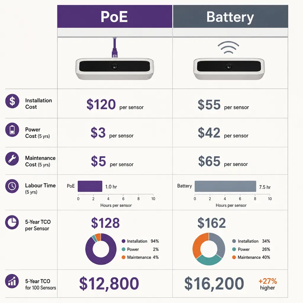 Infografik zum Vergleich von PoE- und batteriebetriebenen Personenzählern mit Installation, Wartung, Betriebszeit und