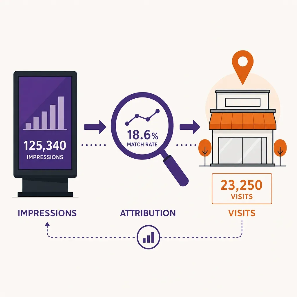 Infographic illustrating programmatic DOOH attribution flow from digital screen impressions to in-store visits with labeled i