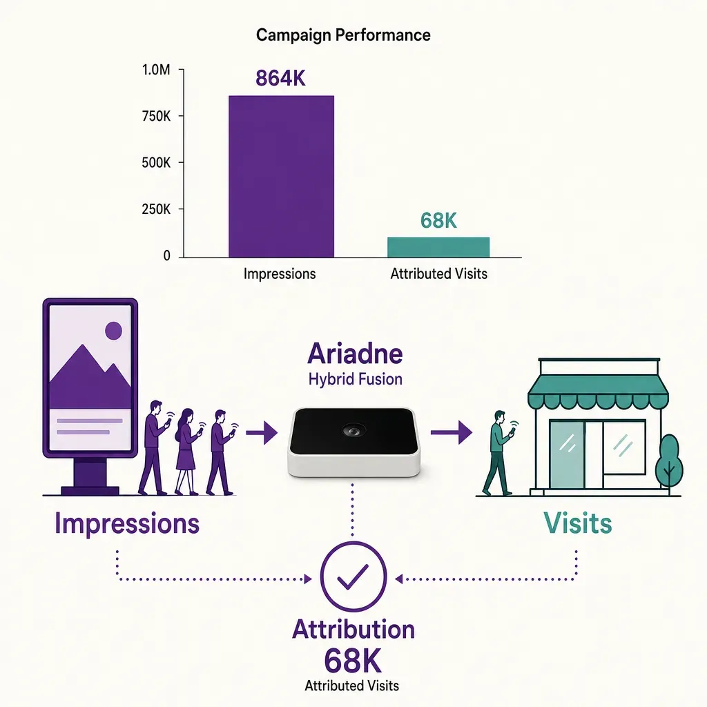 infographic showing programmatic DOOH attribution linking digital screen impressions to in-store visits with simple icons and