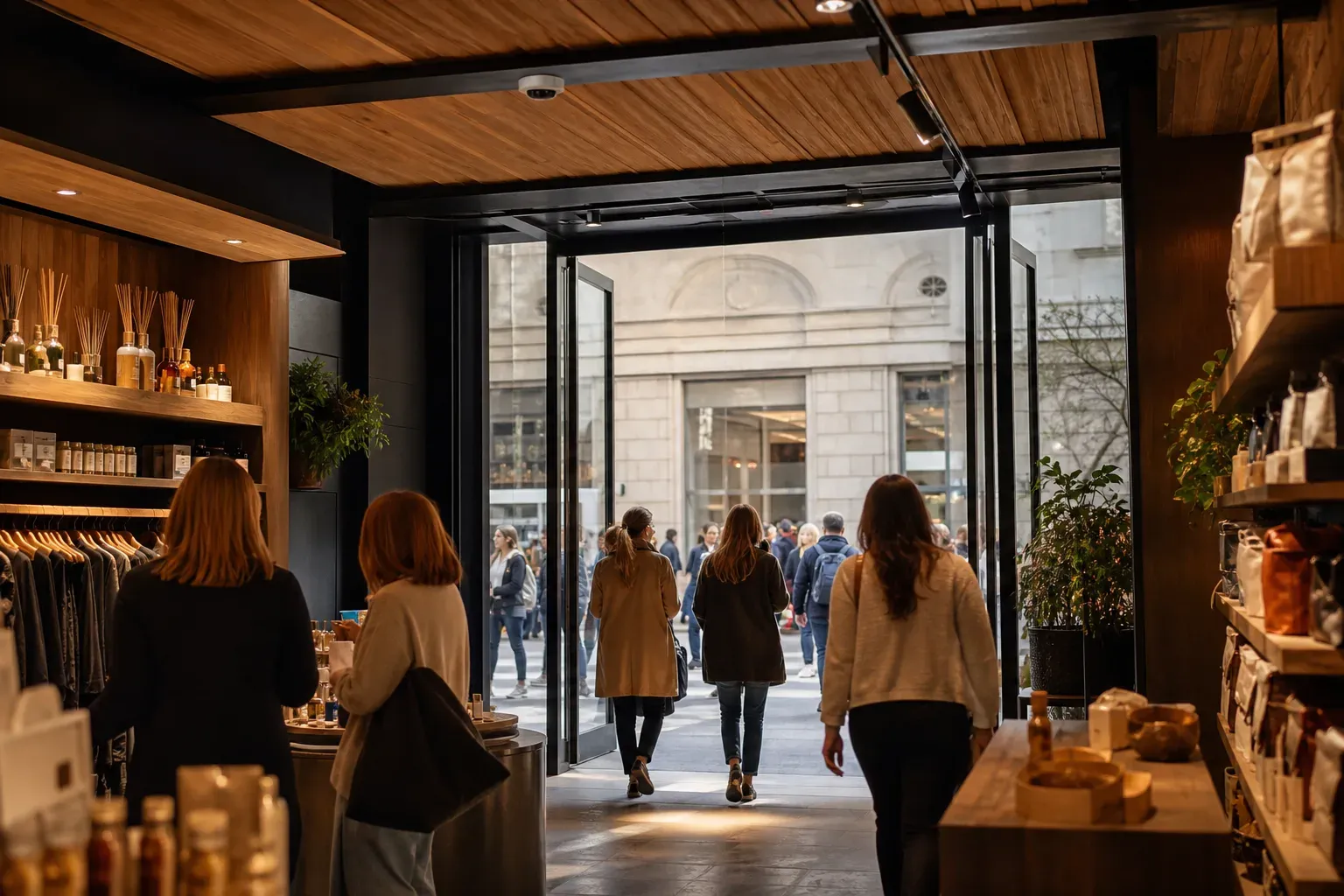 retail store entrance with customers entering and passers-by outside, a small ceiling-mounted sensor visible above the doorwa