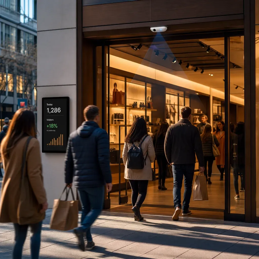 Retail store entrance showing people walking past and some entering, with a visible ceiling sensor monitoring foot traffic