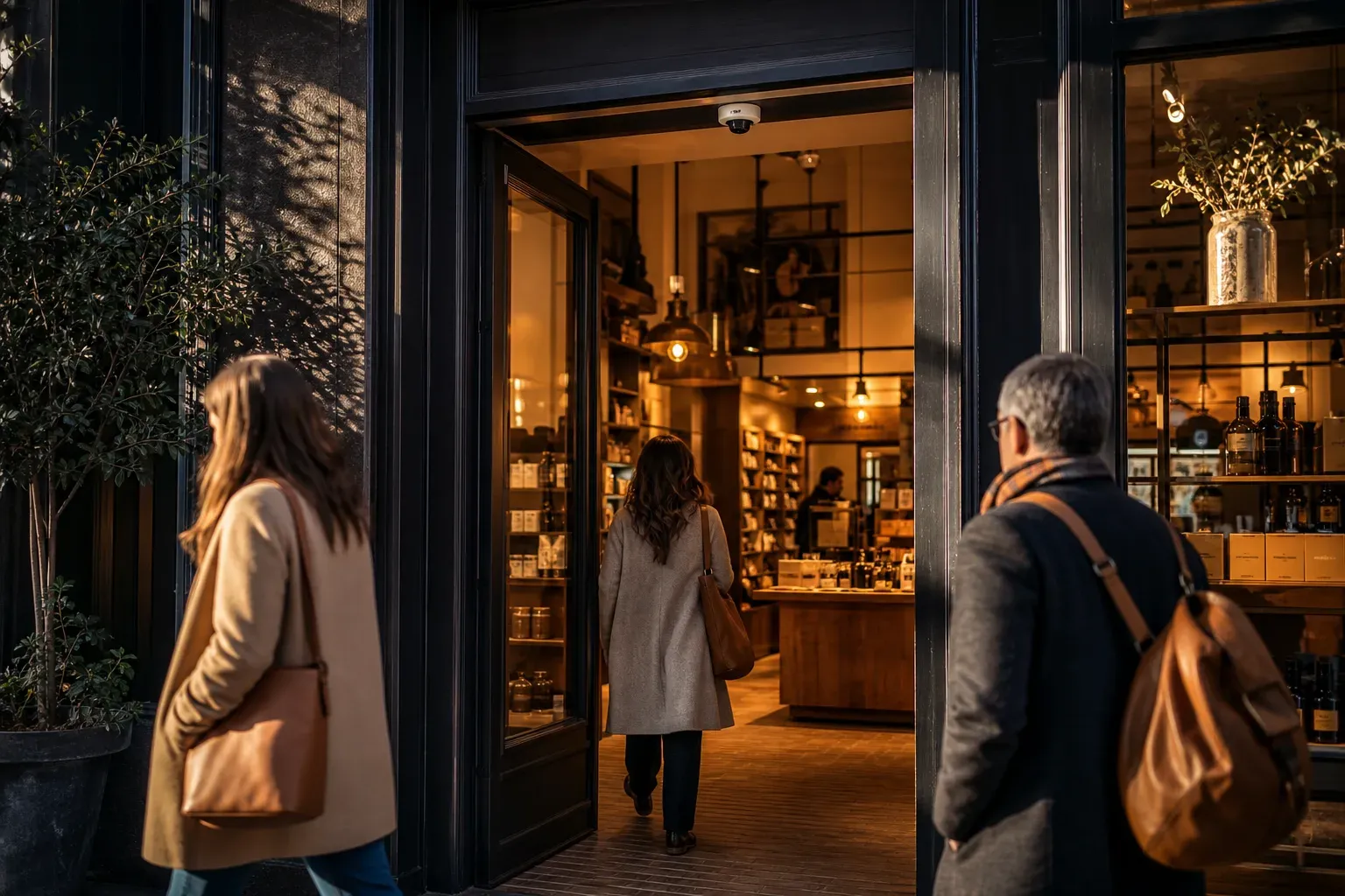 Retail store entrance with shoppers passing by and entering, featuring a visible ceiling-mounted people-counting sensor under