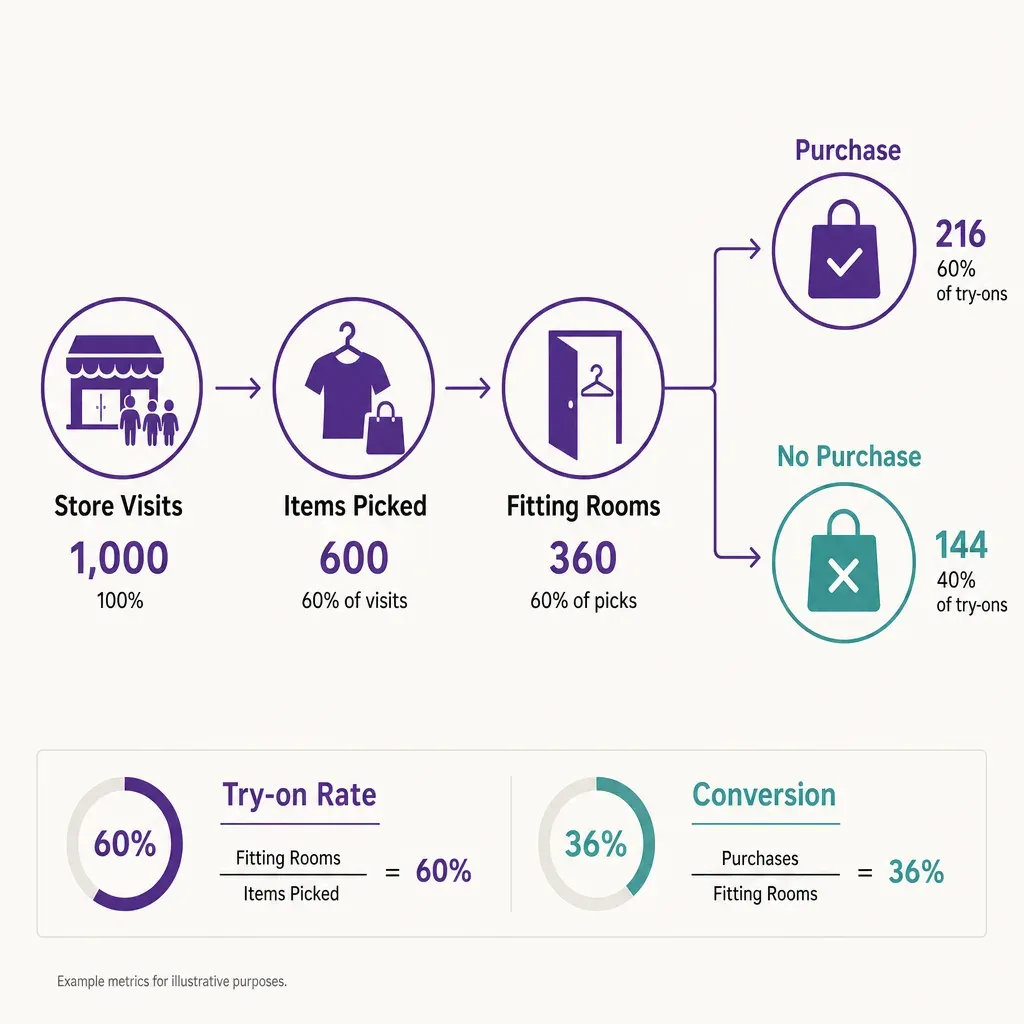 flache Vektor-Infografik zum Ablauf von Ladenbesuchen über Umkleide-Anproben bis zu Kauf- oder Nicht-Kauf-Ergebnissen