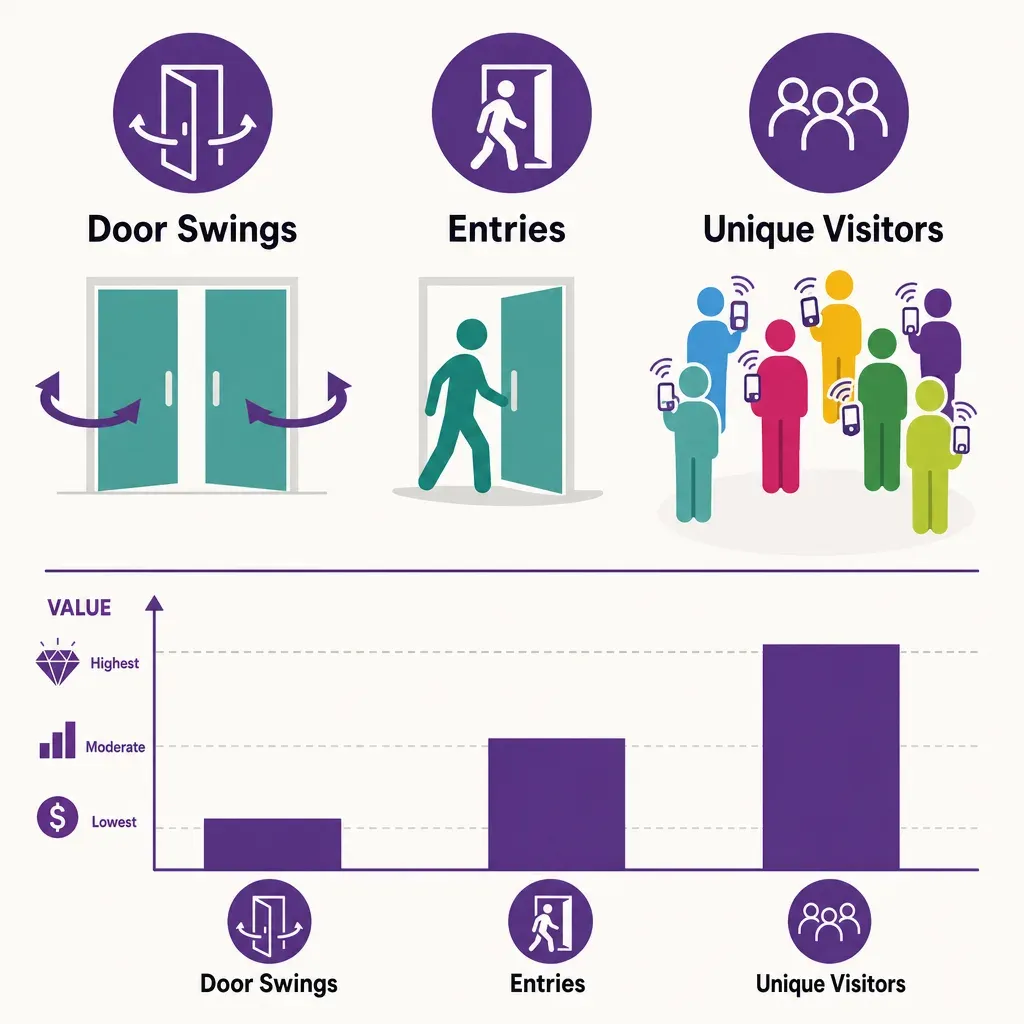 infographic comparing door swings, entries, and unique visitors with icons and bar chart showing differences